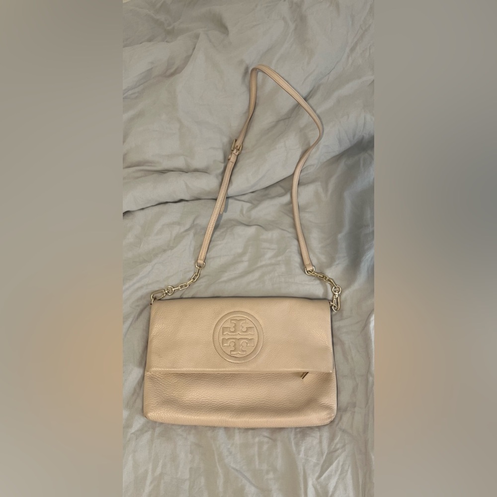 Tory Burch Beige Leather Logo Crossbody Shoulder Bag